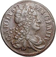 obverse of 1/2 Penny - Charles II - Large letters (1680 - 1682) coin with SP# 6574 from Ireland. Inscription: CAROLVS II DEI GRATIA