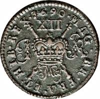 Ireland coin 12 Pence - James II - Gun Money (1690) reverse reverse of 12 Pence - James II - Gun Money (1690) coin with SP# 6582 from Ireland.