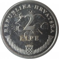 Croatia coin 2 Lipe - Latin text (1994 - 2014) reverse reverse of 2 Lipe - Latin text (1994 - 2014) coin with KM# 14 from Croatia. Inscription: REPUBLIKA HRVATSKA 2 LIPE