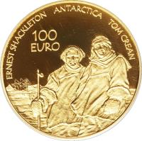 reverse of 100 Euro - International Polar Year (2008) coin with KM# 57 from Ireland. Inscription: ERNEST SHACKLETON ANTARCTICA TOM CREAN 100 EURO T.R.