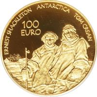 Ireland coin 100 Euro - International Polar Year (2008) reverse reverse of 100 Euro - International Polar Year (2008) coin with KM# 57 from Ireland. Inscription: ERNEST SHACKLETON ANTARCTICA TOM CREAN 100 EURO T.R.