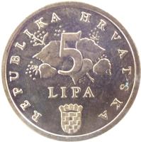 Croatia coin 5 Lipa - Latin text (1994 - 2014) reverse reverse of 5 Lipa - Latin text (1994 - 2014) coin with KM# 15 from Croatia. Inscription: REPUBLIKA HRVATSKA 5 LIPA
