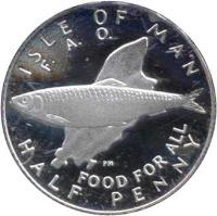 Isle of Man coin 1/2 Penny - Elizabeth II - FAO: Food For All - Silver Proof; 2'nd Portrait (1977) reverse reverse of 1/2 Penny - Elizabeth II - FAO: Food For All - Silver Proof; 2'nd Portrait (1977) coin with KM# 40a from Isle of Man. Inscription: ISLE OF MAN F.A.O. FOOD FOR ALL HALF PENNY