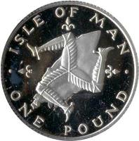Isle of Man coin 1 Pound - Elizabeth II - Silver Proof; 2'nd Portrait (1980) reverse reverse of 1 Pound - Elizabeth II - Silver Proof; 2'nd Portrait (1980) coin with KM# 44d from Isle of Man. Inscription: ISLE OF MAN ONE POUND