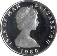 obverse of 1/2 Penny - Elizabeth II - Silver Proof; 2'nd Portrait (1980) coin with KM# 58a from Isle of Man. Inscription: ELIZABETH THE SECOND 1980