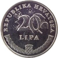 Croatia coin 20 Lipa - Latin text (1994 - 2014) reverse reverse of 20 Lipa - Latin text (1994 - 2014) coin with KM# 17 from Croatia. Inscription: REPUBLIKA HRVATSKA 20 LIPA