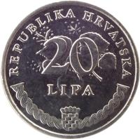 reverse of 20 Lipa - Latin text (1994 - 2014) coin with KM# 17 from Croatia. Inscription: REPUBLIKA HRVATSKA 20 LIPA