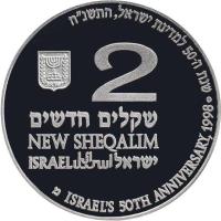 Israel coin 2 New Sheqalim - Independence (1998) obverse obverse of 2 New Sheqalim - Independence (1998) coin with KM# 311 from Israel. Inscription: שנת ה-50 למדינת ישראל, התשנ''ח ISRAEL'S 50TH ANNIVERSARY, 1998 2 שקלים חדשים NEW SHEQELIM ISRAELישראלاسرائيل