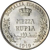 Italian Somaliland coin 1/2 Rupia - Vittorio Emanuele III (1910 - 1919) reverse reverse of 1/2 Rupia - Vittorio Emanuele III (1910 - 1919) coin with KM# 5 from Italian Somaliland. Inscription: SOMALIA ITALIANA MEZZA RUPIA R · 1919 ·