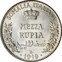 reverse of 1/2 Rupia - Vittorio Emanuele III (1910 - 1919) coin with KM# 5 from Italian Somaliland. Inscription: SOMALIA ITALIANA MEZZA RUPIA R · 1919 ·