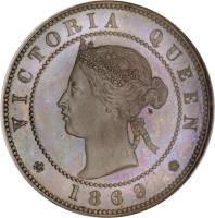 obverse of 1 Penny - Victoria (1869) coin with KM# Pn2 from Jamaica. Inscription: VICTORIA QUEEN 1869