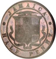 reverse of 1 Penny - Victoria (1869) coin with KM# Pn2 from Jamaica. Inscription: JAMAICA ONE PENNY