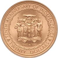 Jamaica coin 20 Dollars - Elizabeth II - Independence (1972) obverse obverse of 20 Dollars - Elizabeth II - Independence (1972) coin with KM# 61 from Jamaica. Inscription: TENTH ANNIVERSARY OF INDEPENDENCE OUT OF MANY, ONE PEOPLE 1962-1972 TWENTY DOLLARS