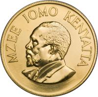 obverse of 500 Shillings - 75th Anniversary of Birth of President Jomo Kenyatta (1966) coin with KM# 9 from Kenya. Inscription: MZEE JOMO KENYATTA