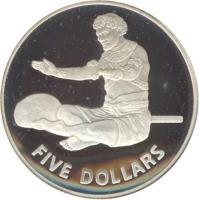 reverse of 5 Dollars - Independence - Silver Proof Issue (1979) coin with KM# 8a from Kiribati. Inscription: FIVE DOLLARS