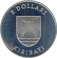 Kiribati coin 5 Dollars - Royal Visit - Silver Proof Issue (1982) obverse obverse of 5 Dollars - Royal Visit - Silver Proof Issue (1982) coin with KM# 12a from Kiribati. Inscription: 5 DOLLARS KIRIBATI