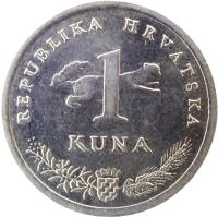 reverse of 1 Kuna - Latin text (1994 - 2012) coin with KM# 20 from Croatia. Inscription: REPUBLIKA HRVATSKA 1 KUNA