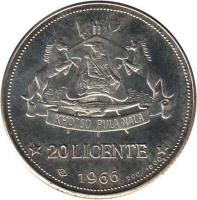 Lesotho coin 20 Licente - Moshoeshoe II - Independence Attained (1966) reverse reverse of 20 Licente - Moshoeshoe II - Independence Attained (1966) coin with KM# 3 from Lesotho. Inscription: 20 LICENTE 1966 900/1000