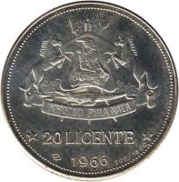 reverse of 20 Licente - Moshoeshoe II - Independence Attained (1966) coin with KM# 3 from Lesotho. Inscription: 20 LICENTE 1966 900/1000