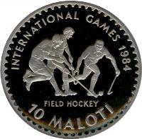 Lesotho coin 10 Maloti - Moshoeshoe II - Field Hockey (1984) reverse reverse of 10 Maloti - Moshoeshoe II - Field Hockey (1984) coin with KM# 47 from Lesotho. Inscription: INTERNATIONAL GAMES 1984 FIELD HOCKEY 10 MALOTI