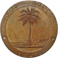 reverse of 2 Cents (1847) coin with KM# 2 from Liberia. Inscription: TWO CENTS 1847