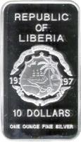 Liberia coin 10 Dollars - Return of Hong Kong to China (1997) obverse obverse of 10 Dollars - Return of Hong Kong to China (1997) coin with KM# 348 from Liberia. Inscription: REPUBLIC OF LIBERIA THE LOVE OF LIBERTY BROUGHT US HERE 19 87 REPUBLIC OF LIBERIA 10 DOLLARS ONE OUNCE FINE SILVER