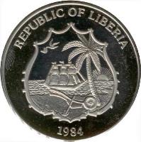 obverse of 10 Dollars - Weight Lifter (1984) coin with KM# 65 from Liberia. Inscription: REPUBLIC OF LIBERIA 1984