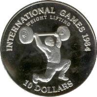reverse of 10 Dollars - Weight Lifter (1984) coin with KM# 65 from Liberia. Inscription: INTERNATIONAL GAMES 1984 WEIGHT LIFTING 10 DOLLARS