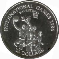 reverse of 10 Dollars - Basketball (1984) coin with KM# 66 from Liberia. Inscription: INTERNATIONAL GAMES 1984 BASKETBALL 10 DOLLARS