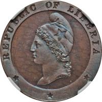 obverse of 1 Cent (1862) coin with KM# 3 from Liberia. Inscription: REPUBLIC OF LIBERIA