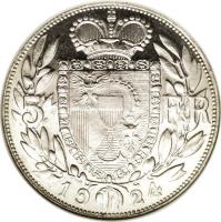 Liechtenstein coin 5 Francs - Johann II (1924) reverse reverse of 5 Francs - Johann II (1924) coin with Y# 10 from Liechtenstein. Inscription: 5 FR 19 24