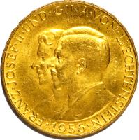Liechtenstein coin 50 Francs - Franz Josef II - Franz Josef II and Princess Gina (1956) obverse obverse of 50 Francs - Franz Josef II - Franz Josef II and Princess Gina (1956) coin with Y# 16 from Liechtenstein. Inscription: FRANZ · JOSEF · II · UND · GINA · VON · LIECHTENSTEIN · 1956 · GRIENAUER