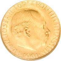 Liechtenstein coin 25 Francs - Franz Josef II - National Bank (1961) obverse obverse of 25 Francs - Franz Josef II - National Bank (1961) coin with Y# 18 from Liechtenstein. Inscription: FRANZ JOSEF II. FÜRST VON LIECHTENSTEIN WELZ · 1961 ·