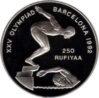Maldives coin 250 Rufiyaa - Swimming (1990) reverse reverse of 250 Rufiyaa - Swimming (1990) coin with KM# 80 from Maldives. Inscription: XXV OLYMPIAD BARCELONA 1992 250 RUFIYAA