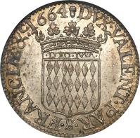 Monaco coin 5 Sols - Louis I (1662 - 1664) reverse reverse of 5 Sols - Louis I (1662 - 1664) coin with KM# 36 from Monaco. Inscription: DVX · VALENT · PAX · $ · FRANCIƷ&ᶜ.1664