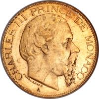 obverse of 20 Francs - Charles III (1878 - 1879) coin with KM# 98 from Monaco.