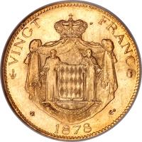 reverse of 20 Francs - Charles III (1878 - 1879) coin with KM# 98 from Monaco.