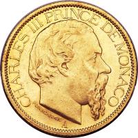 Monaco coin 100 Francs - Charles III (1882 - 1886) obverse obverse of 100 Francs - Charles III (1882 - 1886) coin with KM# 99 from Monaco. Inscription: CHARLES III PRINCE DE MONACO