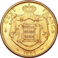 reverse of 100 Francs - Charles III (1882 - 1886) coin with KM# 99 from Monaco. Inscription: 1881 CENT FRANCS