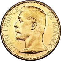 obverse of 100 Francs - Albert I (1891 - 1904) coin with KM# 105 from Monaco. Inscription: ALBERT I PRINCE DE MONACO