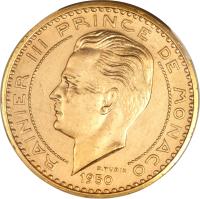 Monaco coin 20 Francs - Ranier III (1950) obverse obverse of 20 Francs - Ranier III (1950) coin with KM# E29 from Monaco. Inscription: RAINIER III PRINCE DE MONACO 1950