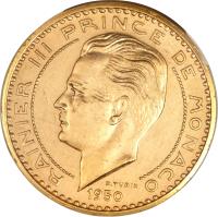 obverse of 20 Francs - Ranier III (1950) coin with KM# E29 from Monaco. Inscription: RAINIER III PRINCE DE MONACO 1950