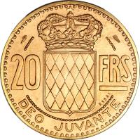 Monaco coin 20 Francs - Ranier III (1950) reverse reverse of 20 Francs - Ranier III (1950) coin with KM# E29 from Monaco. Inscription: 20 FRS DEO JUVANTE