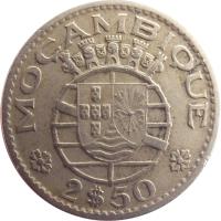 Mozambique coin 2,50 Escudos (1952 - 1973) reverse reverse of 2,50 Escudos (1952 - 1973) coin with KM# 78 from Mozambique. Inscription: REPÚBLICA PORTUGUESA 1965