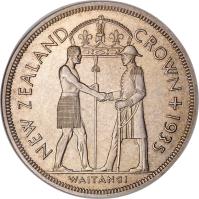 reverse of 1 Crown - George V (1935) coin with KM# 6 from New Zealand. Inscription: NEW ZEALAND CROWN+1935 WAITANGI