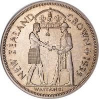 New Zealand coin 1 Crown - George V (1935) reverse reverse of 1 Crown - George V (1935) coin with KM# 6 from New Zealand. Inscription: NEW ZEALAND CROWN+1935 WAITANGI