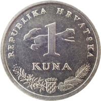 reverse of 1 Kuna - 5th anniversary of Kuna - Croatian text (1999) coin with KM# 9.2 from Croatia. Inscription: REPUBLIKA HRVATSKA 1 KUNA