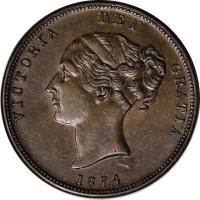 obverse of 1 Penny - Victoria (1874) coin with KM# Tn67 from New Zealand. Inscription: VICTORIA REI GRATIA