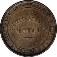 reverse of 1 Penny - Victoria (1874) coin with KM# Tn67 from New Zealand. Inscription: UNITED SERVICE HOTEL .CORNER QUEEN AND WELLESLEY STREET. AUCKLAND.N.Z