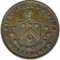 obverse of 1/2 Penny - Kirkcaldie & Stains, Wellington (1874) coin with KM# Tn36 from New Zealand. Inscription: KIRKCALDIE & STAINS FORTISSIMA VERITAS WELINGTON